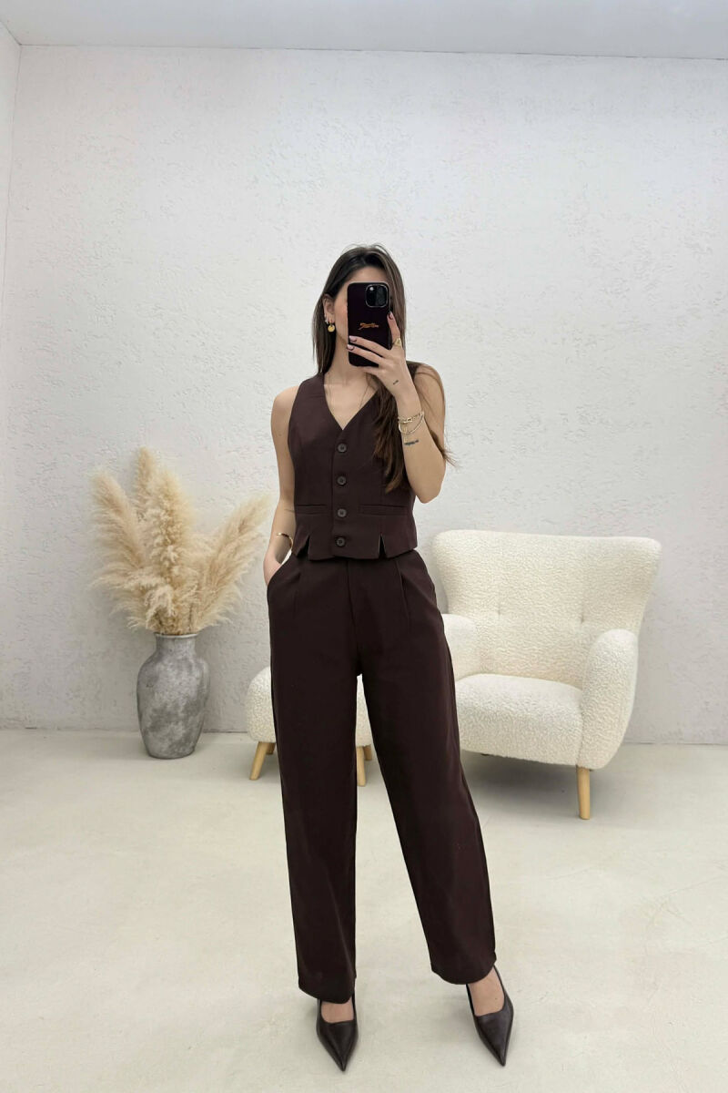 VEST+TROUSERS BACK BELT DETAIL WOMEN SET BROWN/KAFE - 1