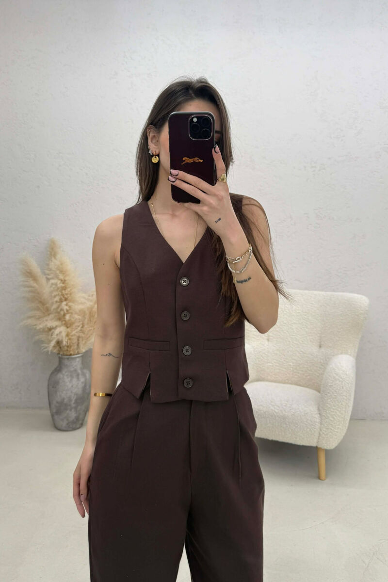 VEST+TROUSERS BACK BELT DETAIL WOMEN SET BROWN/KAFE - 2