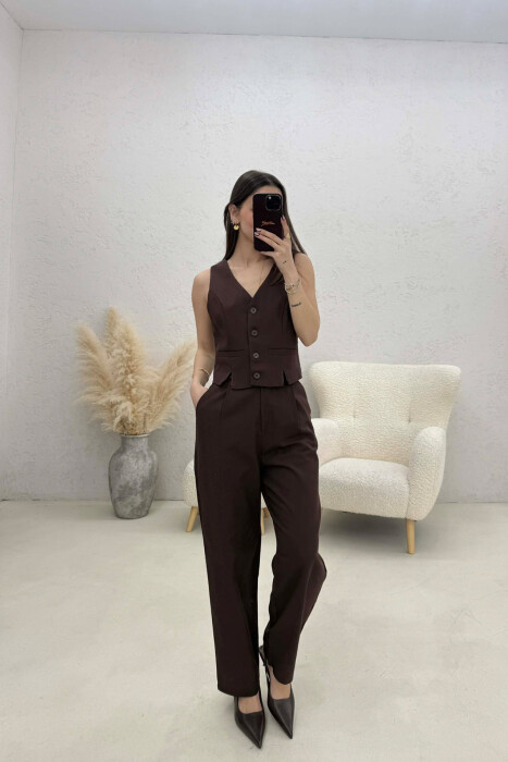 VEST+TROUSERS BACK BELT DETAIL WOMEN SET BROWN/KAFE - 3