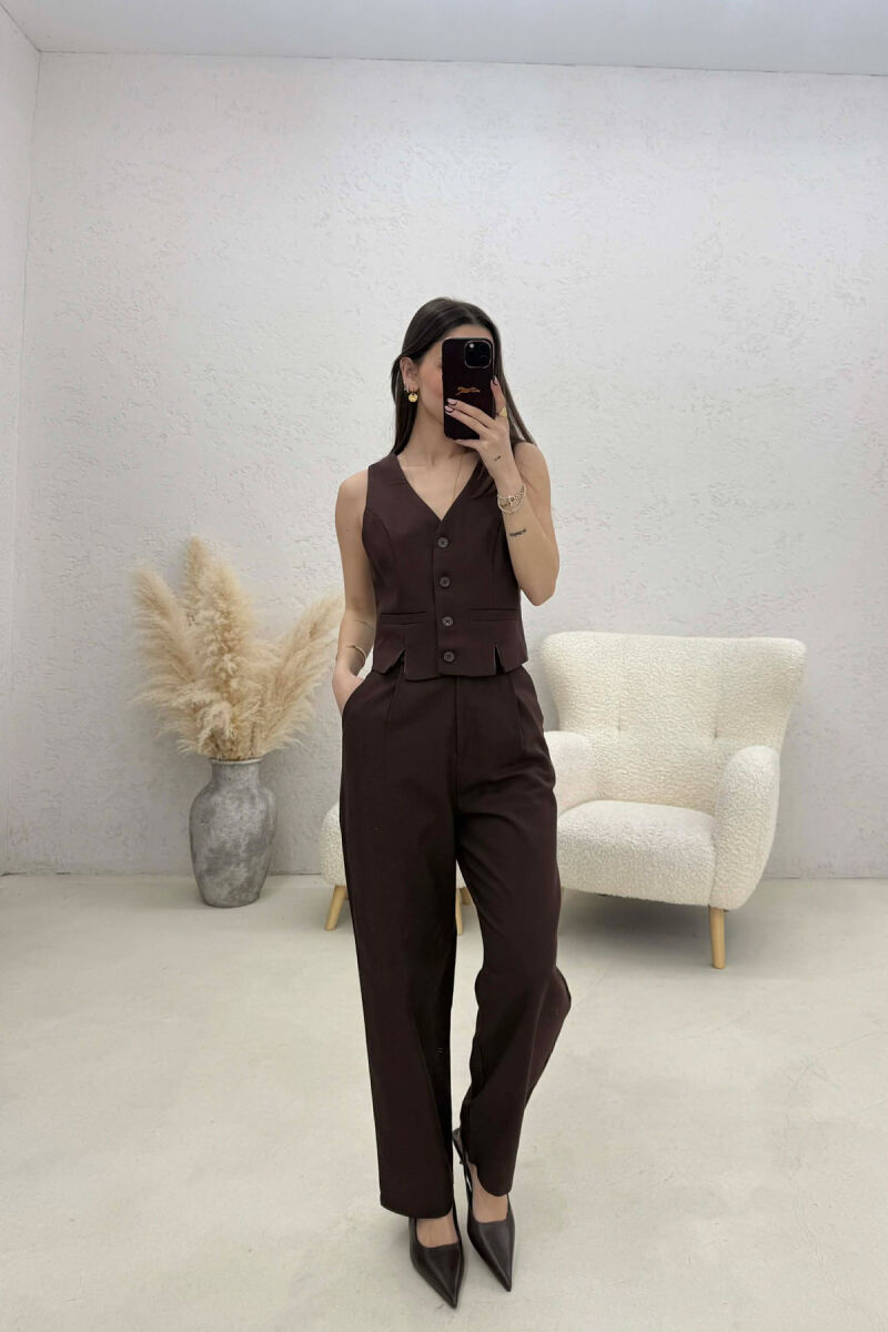 VEST+TROUSERS BACK BELT DETAIL WOMEN SET BROWN/KAFE - 3