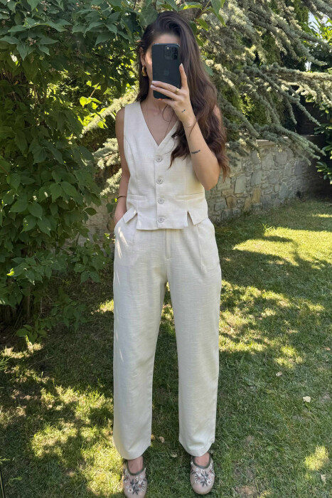 VEST+TROUSERS BACK BELT DETAIL WOMEN SET CREAM/KREM 