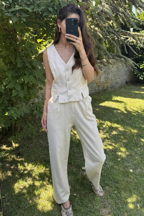 VEST+TROUSERS BACK BELT DETAIL WOMEN SET CREAM/KREM - 2