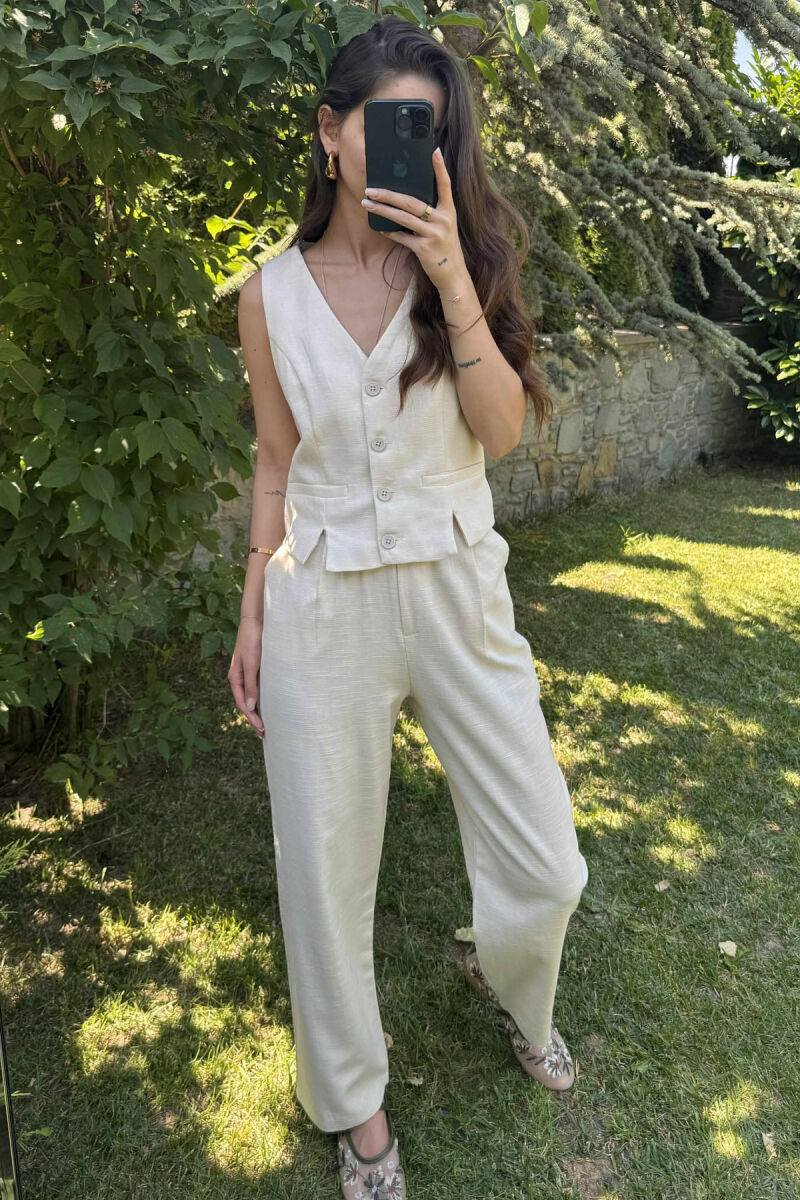 VEST+TROUSERS BACK BELT DETAIL WOMEN SET CREAM/KREM - 2