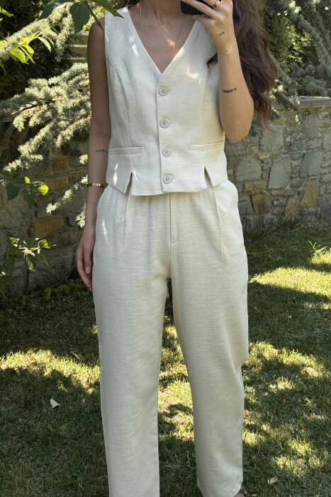VEST+TROUSERS BACK BELT DETAIL WOMEN SET CREAM/KREM - 3