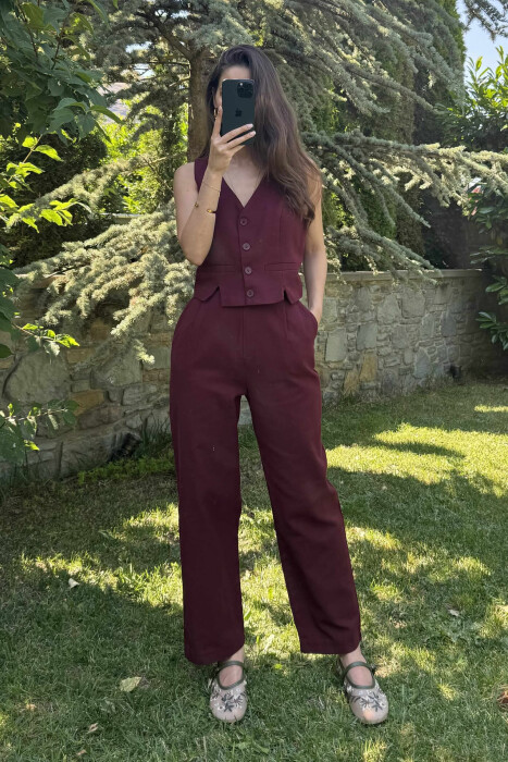 VEST+TROUSERS BACK BELT DETAIL WOMEN SET DARK BURGUNDY/VISHNJE E ERRET 