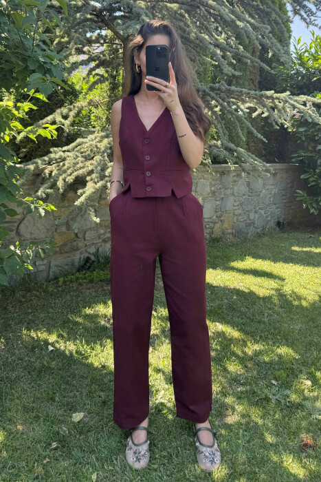 VEST+TROUSERS BACK BELT DETAIL WOMEN SET DARK BURGUNDY/VISHNJE E ERRET - 4