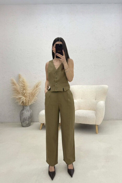 VEST+TROUSERS BACK BELT DETAIL WOMEN SET OLIVE/ULLI 