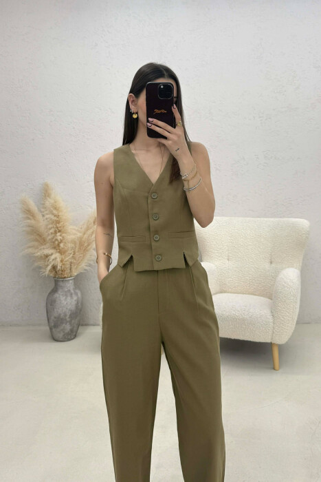 VEST+TROUSERS BACK BELT DETAIL WOMEN SET OLIVE/ULLI - 3