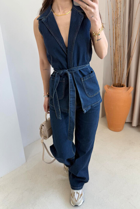 VEST+TROUSERS LACING DETAIL DENIM WOMEN SET BLUE/BLU - 4