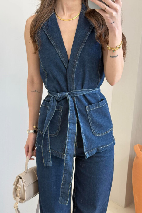 VEST+TROUSERS LACING DETAIL DENIM WOMEN SET BLUE/BLU - 5