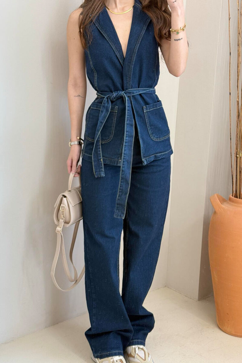 VEST+TROUSERS LACING DETAIL DENIM WOMEN SET BLUE/BLU - 6