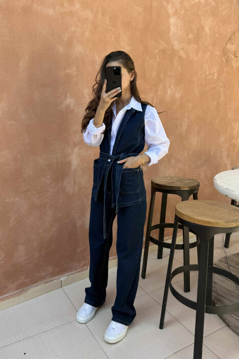 VEST+TROUSERS LACING DETAIL DENIM WOMEN SET BLUE/BLU - 2