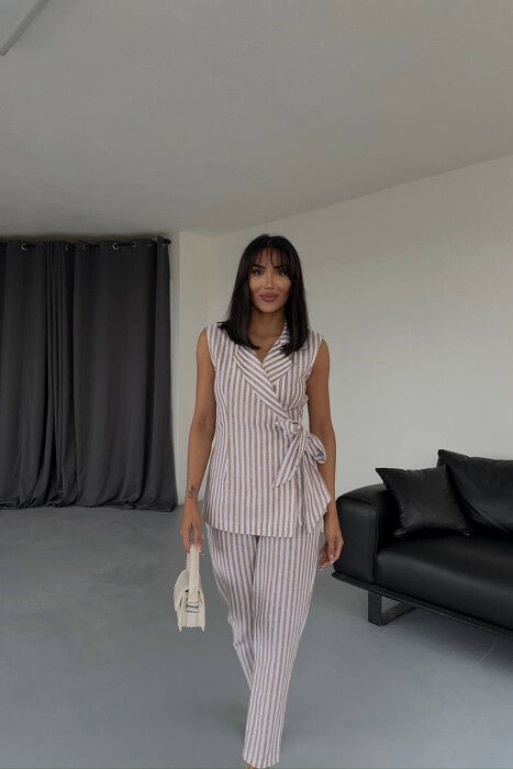 VEST+TROUSERS LACING STRIPED WOMEN SET LIGHT BROWN/KAZB - 1
