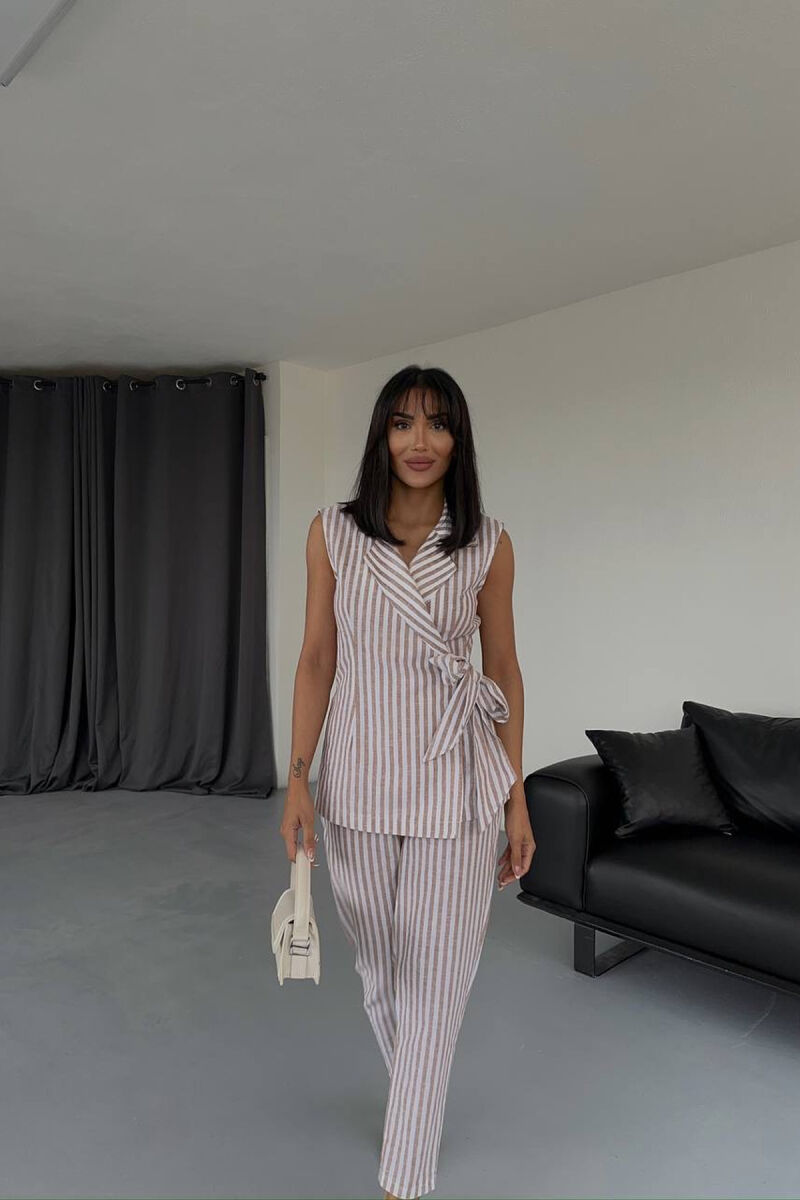 VEST+TROUSERS LACING STRIPED WOMEN SET LIGHT BROWN/KAZB - 1