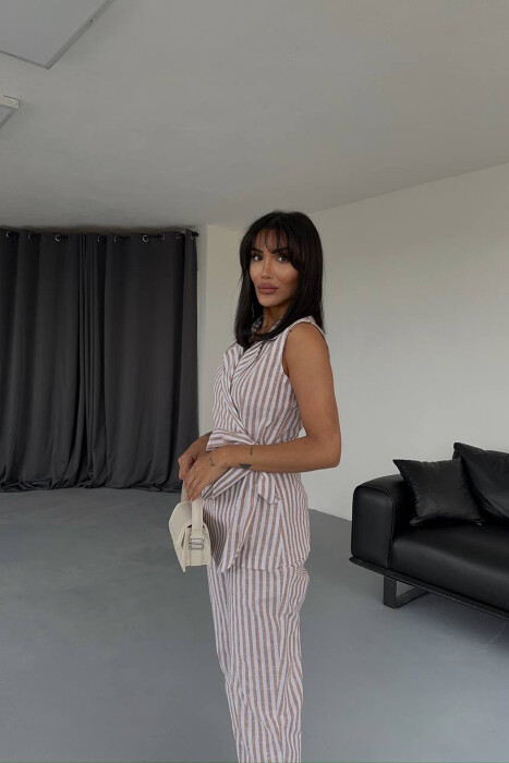 VEST+TROUSERS LACING STRIPED WOMEN SET LIGHT BROWN/KAZB - 3