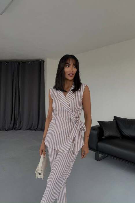 VEST+TROUSERS LACING STRIPED WOMEN SET LIGHT BROWN/KAZB - 4