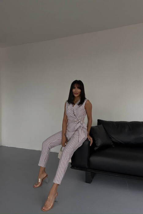 VEST+TROUSERS LACING STRIPED WOMEN SET LIGHT BROWN/KAZB - 6