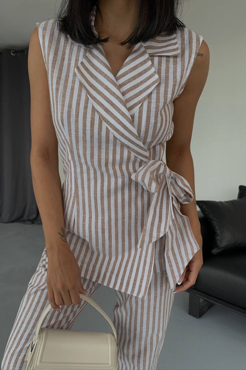 VEST+TROUSERS LACING STRIPED WOMEN SET LIGHT BROWN/KAZB - 7