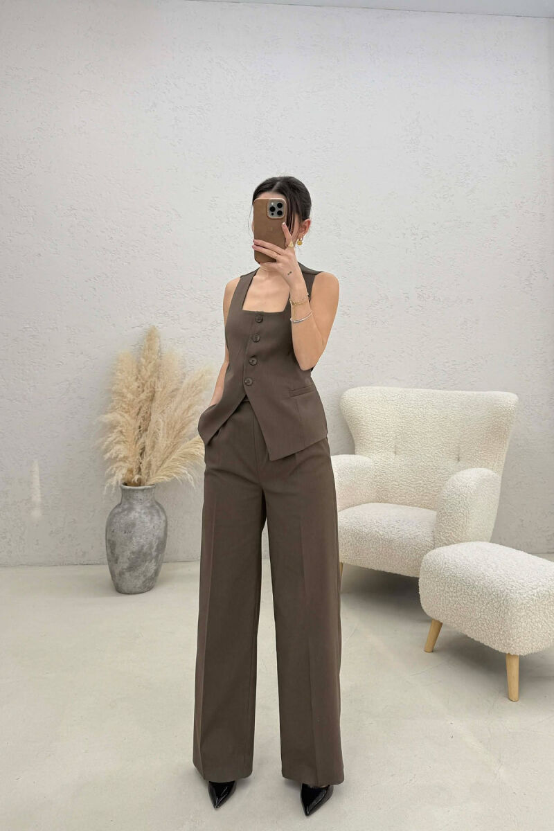 VEST+TROUSERS ONE COLOR WOMEN TWO PIECE SET DARK BROWN/KAE - 1