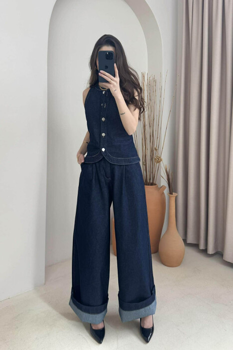 VEST+TROUSERS SIMPLE DENIM WOMEN SET BLUE/BLU - KLAUDIO FASHION