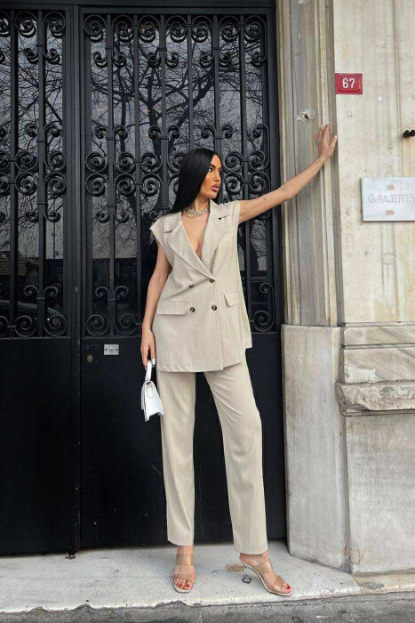 VEST+TROUSERS STRIPED WOMEN SET CREAM/KREM - 3