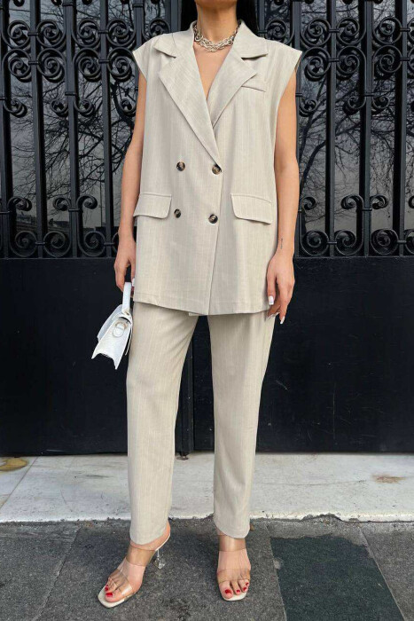 VEST+TROUSERS STRIPED WOMEN SET CREAM/KREM - 4