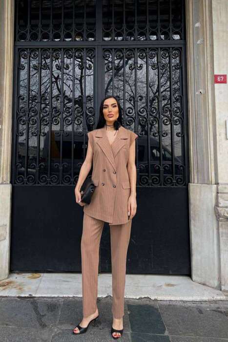VEST+TROUSERS STRIPED WOMEN SET LIGHT BROWN/KAZB 