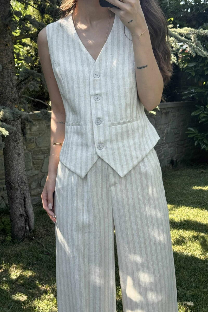 VEST+TROUSERS STRIPES SIMPLE WOMEN SET CREAM/KREM - 2