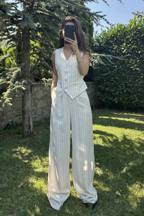 VEST+TROUSERS STRIPES SIMPLE WOMEN SET CREAM/KREM - 5