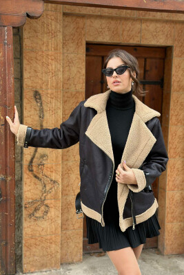 WARM BELTED WOMEN JACKET BALCK+BEIGE ZEBZH 