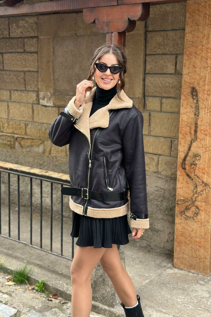 WARM BELTED WOMEN JACKET BALCK+BEIGE ZEBZH - 2