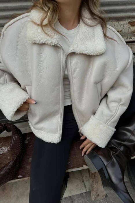 WARM WOOL DESIGN WOMEN JACKET IN CREAM COLOR - 2