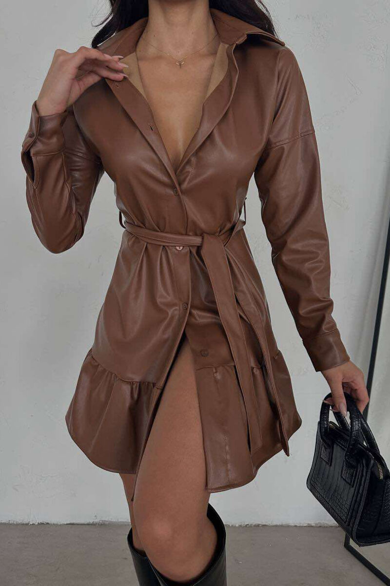 WAVING LEATHER WOMAN DRESS BROWN/KAFE - 1