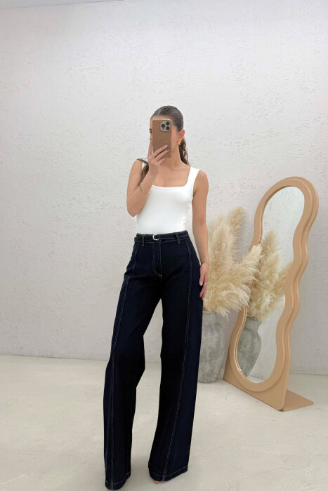WIDE LEG BELT DETAIL WOMAN JEANS DARK BLUE/BEE - 1