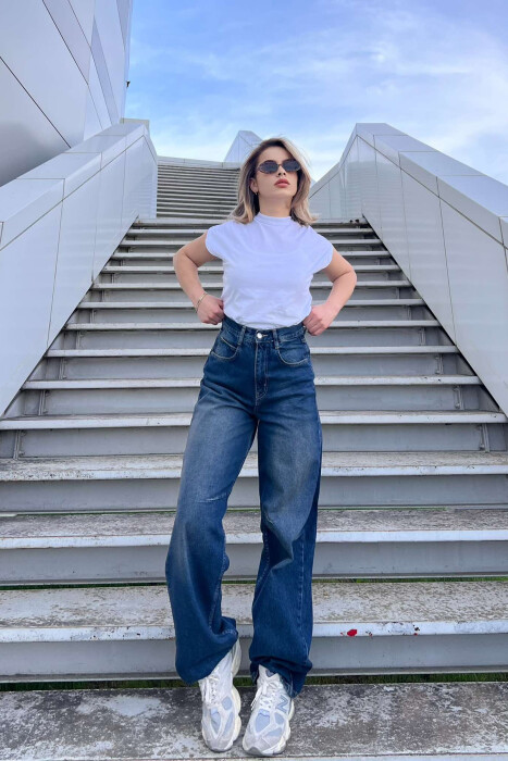 WIDE LEG BELTED WOMEN JEANS BLUE/BLU - 4