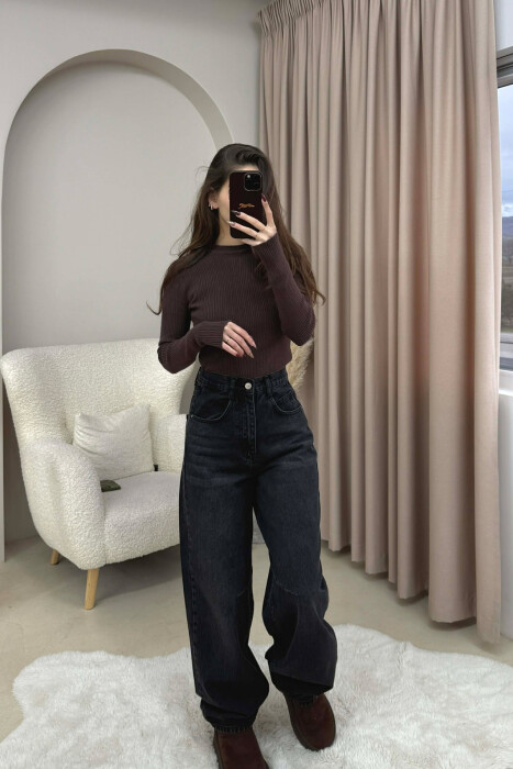 WIDE LEG BELTED WOMEN JEANS DARK GREY/GEE - 4