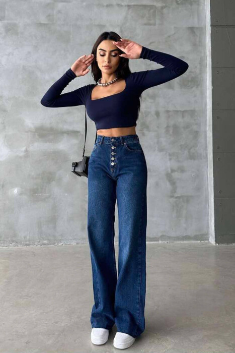 WIDE LEG BUTTONED WOMEN JEANS BLUE/BLU - 2