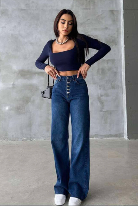 WIDE LEG BUTTONED WOMEN JEANS BLUE/BLU - 3