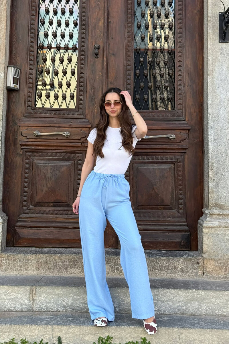 WIDE LEG ELASTIC WAIST LACING DETAIL WOMAN TROUSERS BABY BLUE/BLU BY - 2