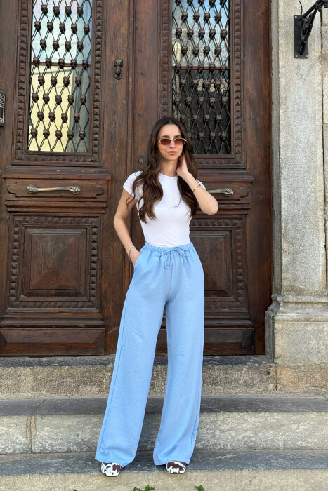 WIDE LEG ELASTIC WAIST LACING DETAIL WOMAN TROUSERS BABY BLUE/BLU BY - 3