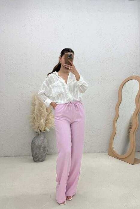 WIDE LEG ELASTIC WAIST LACING DETAIL WOMAN TROUSERS BABY PINK/ROZB - KLAUDIO FASHION
