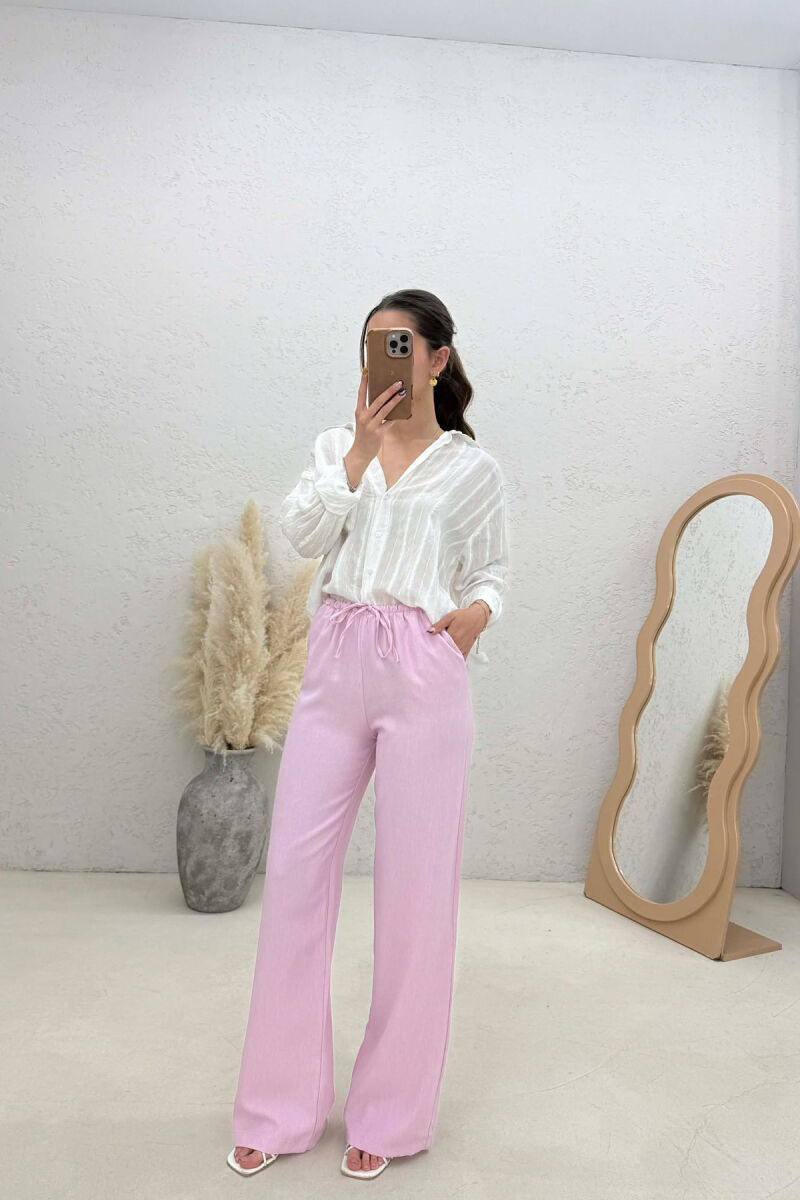WIDE LEG ELASTIC WAIST LACING DETAIL WOMAN TROUSERS BABY PINK/ROZB - 3