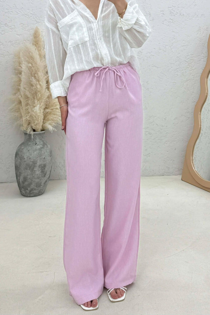 WIDE LEG ELASTIC WAIST LACING DETAIL WOMAN TROUSERS BABY PINK/ROZB - 4