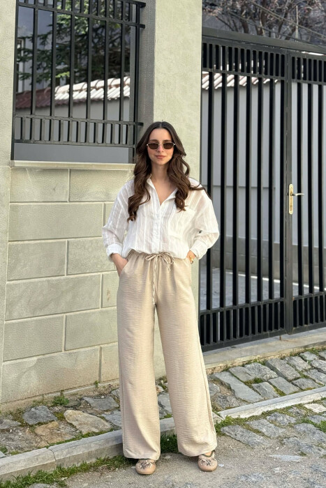 WIDE LEG ELASTIC WAIST LACING DETAIL WOMAN TROUSERS BEIGE/BEZHE 