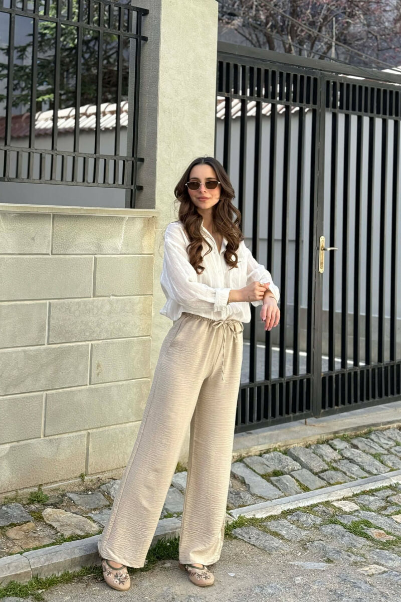 WIDE LEG ELASTIC WAIST LACING DETAIL WOMAN TROUSERS BEIGE/BEZHE - 5