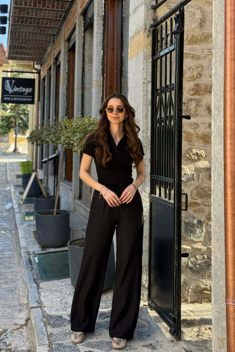 WIDE LEG ELASTIC WAIST LACING DETAIL WOMAN TROUSERS BLACK/ E ZEZE - 2