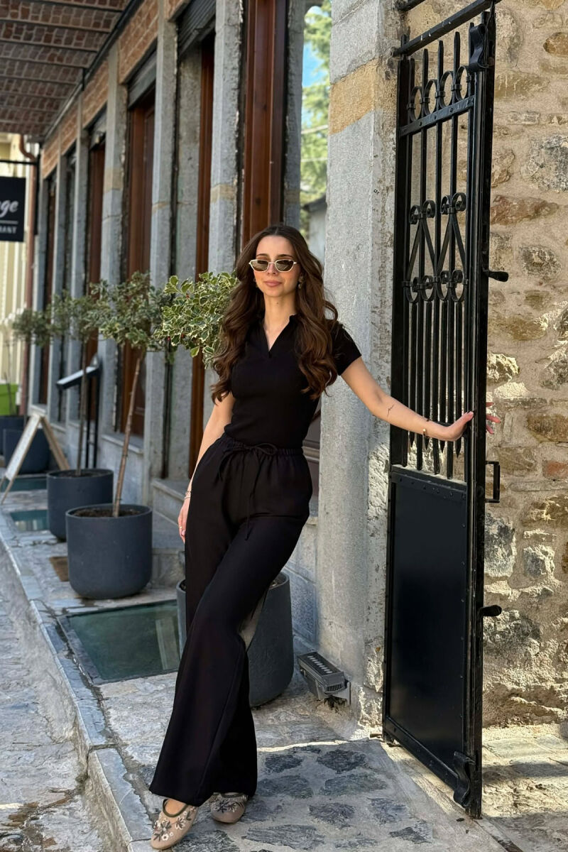 WIDE LEG ELASTIC WAIST LACING DETAIL WOMAN TROUSERS BLACK/ E ZEZE - 6