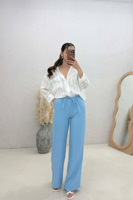 WIDE LEG ELASTIC WAIST LACING DETAIL WOMAN TROUSERS BLUE/BLU - KLAUDIO FASHION