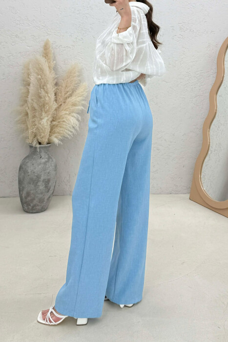 WIDE LEG ELASTIC WAIST LACING DETAIL WOMAN TROUSERS BLUE/BLU - 2