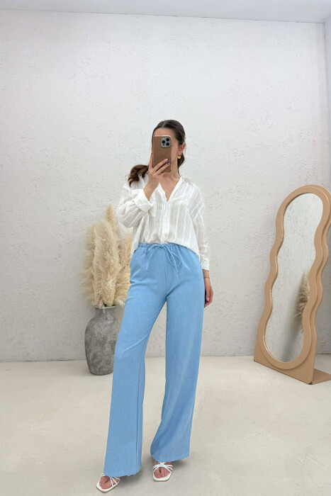 WIDE LEG ELASTIC WAIST LACING DETAIL WOMAN TROUSERS BLUE/BLU - 3